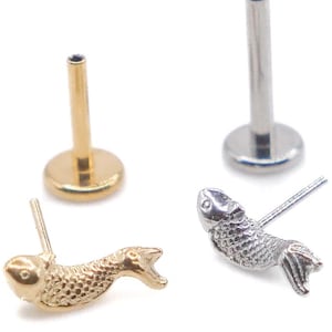 16/18/20G Implant Grad titanium Koi Fish Flat Back Labret Stud Earring, threadless Cartilage, conch, tragus, rook, Helix, Nose Stud earring