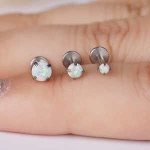 White Opal Surgical Steel Labret Stud, Internally Threaded Screw in Flat Back Tragus Earring, Helix, Nose, Cartilage Minimalist Earring