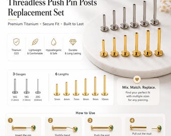 Threadless Post Replacement, Implant Grade Titanium Flat Back Labret Bar Only 16G 18G 20G, 5mm-12mm Push Pin Backing, Gold Silver, F136