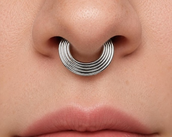 925 Sterling Silver Stacked Septum Ring, 5 Tier Layered Hinged Septum Clicker 16G, Multi Ring Look Nose Hoop, Boho Daith Helix Conch Ring