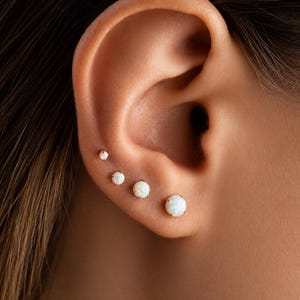 White Opal Flat Back Earring, Titanium Threadless Push Pin Labret, Tiny Opal Stud for Tragus, Conch, Helix, Nose, 2mm 3mm 4mm 5mm 16G-20G