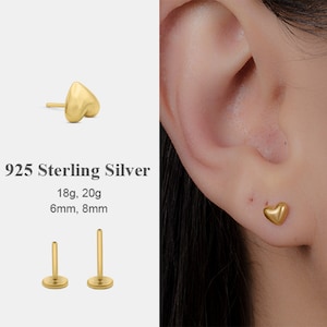 925 Sterling Silver Push In Flat Back Heart Labret Stud Earring, 16g/18g/20g Threadless Tiny Tragus, Helix, Cartilage, Conch, nose Stud