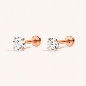 Rose Gold Flat Back Earring, Tiny Clear CZ Labret Stud, 16G Internally Threaded Surgical Steel for Tragus Helix Conch Nose