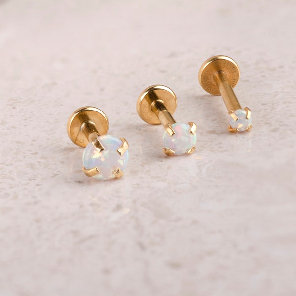 16G Tiny Opal Flat back Stud Tragus Earring, 316L Surgical Steel Gold 2mm 3mm 4mm Screw on Dainty Opal Labret Stud