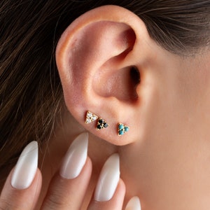 20G/18G/16G Titanium Trinity CZ Push Pin Labret, Threadless Flat Back Triangle Earring Blue, Black Opal, Tragus, Conch, Helix, Nose Piercing