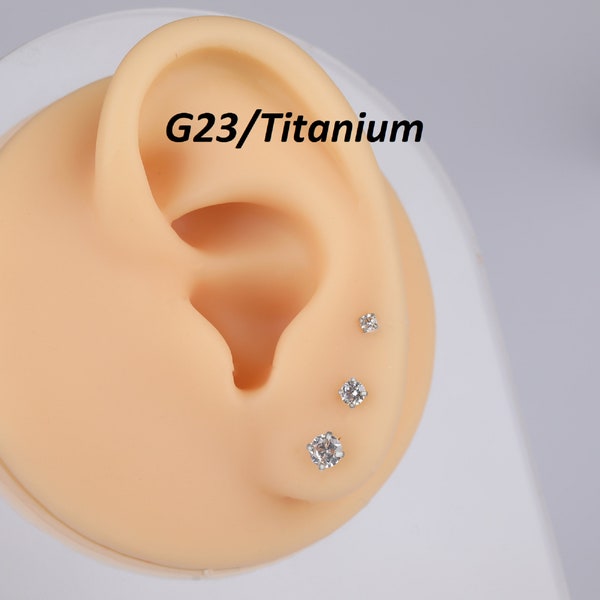 Implant Grade Titanium Tiny Cz Studs Screw in Labret Titanium Flat Back Earring •Gold Tragus Stud Flat Back Stud • Helix Stud Cartilage Stud