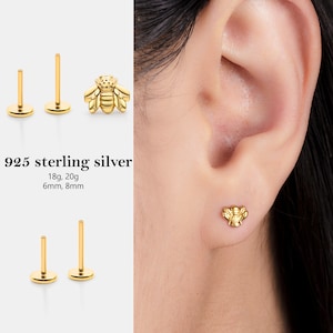 20/18/16G Flat Back push in Bee Labret stud earring | Threadless Bee Nap earring | Cartilage Tragus Stud | Gold Bee Helix, conch piercing