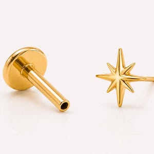 Starburst Flat Back Earring, Titanium Threadless Push Pin Labret, Celestial Star Stud for Helix, Tragus, Conch & Cartilage, 16G 18G 20G