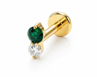 Tiny Emerald Flat Back Earring, Threadless Push Pin Labret Stud, Implant Grade Titanium Helix Cartilage Conch Tragus Nose, 16G 18G 20G