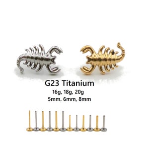 20G/18G/16G implant grade Titanium Scorpion Push Pin Flat back Labret Stud •Threadless Tragus stud Earring | Helix, Cartilage Stud | Zodiac