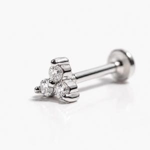 Trinity Flat Back Earring, Tiny Triple CZ Cartilage Stud, 16G Internally Threaded Surgical Steel for Tragus Helix Nose, Gold Silver
