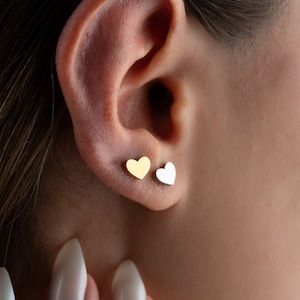 Surgical Steel Double Sided Heart Stud Earrings, Waterproof Helix, Tragus, Cartilage, Conch Minimalist Screw Back Cubic Zirconia Tiny Stud
