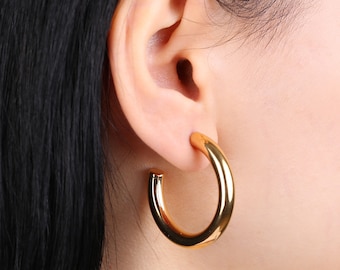 18K Gold Filled Open hoop Earring, 35mm Thick Hoop Earrings Infinity Gold Hoops Loop Earrings gift For her valentine gift