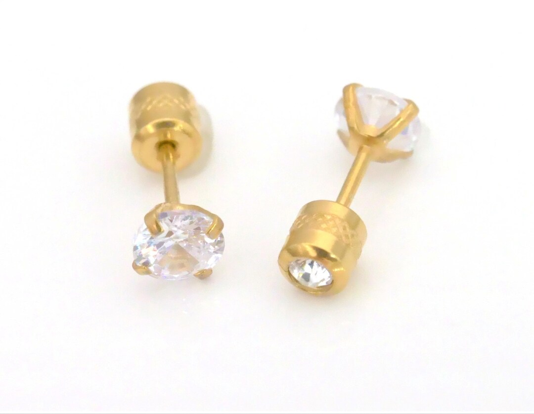 20G CZ Screw Back Gold Stud Earrings, Silver Sleeper Studs, Flat Back