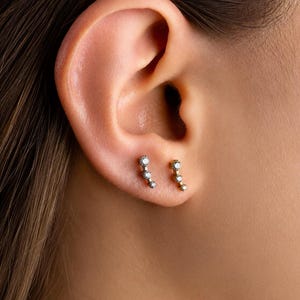Triple CZ Ear Climber Flat Back Earring, Titanium Threadless Crawler Stud, Helix Tragus Conch Constellation Piercing, 16G 18G 20G