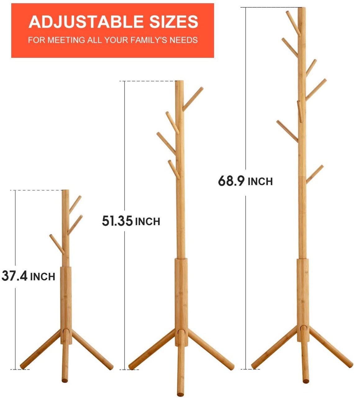 Bamboo Free Standing Coat Rack with 3 Sections 8 Hooks for Etsy