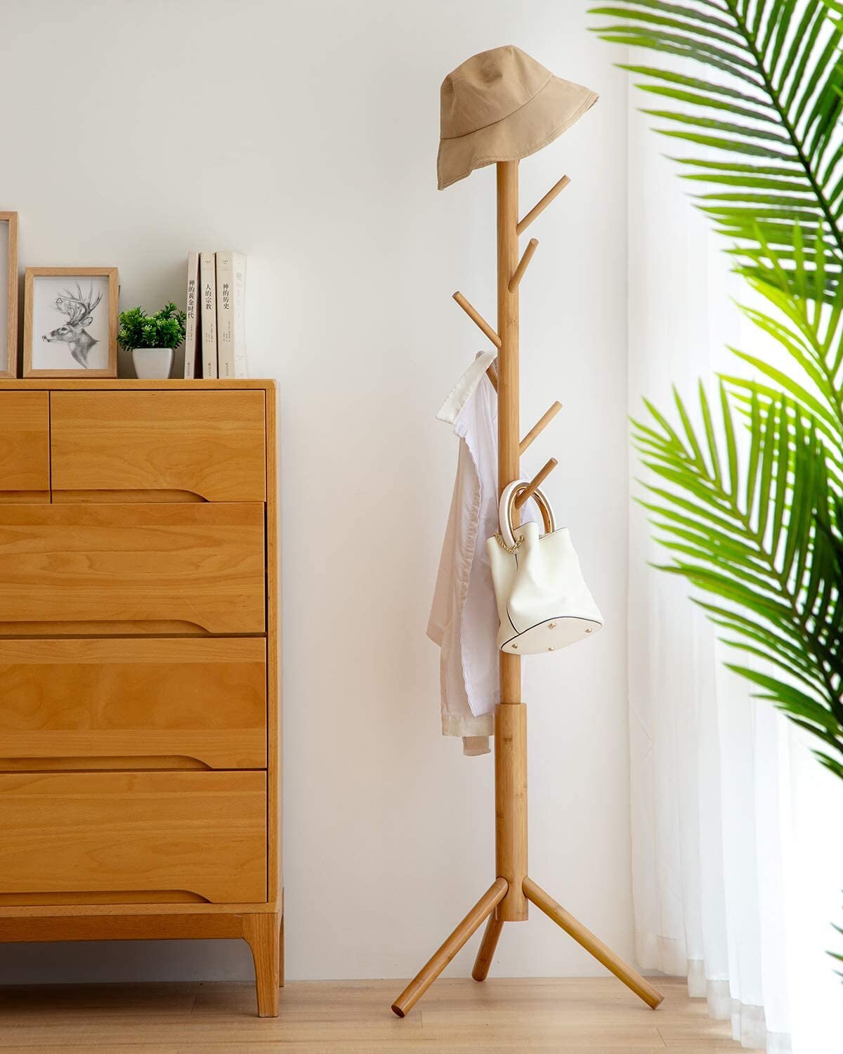 Bamboo Free Standing Coat Rack with 3 Sections 8 Hooks for Etsy