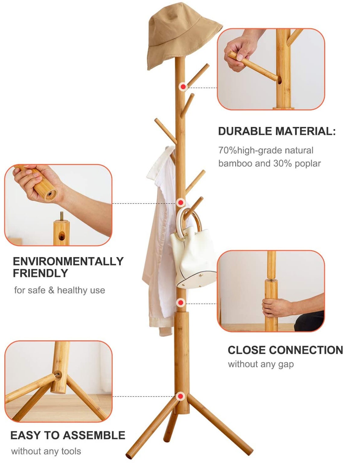 Bamboo Free Standing Coat Rack with 3 Sections 8 Hooks for Etsy