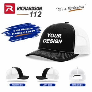 May include: A black and white trucker cap featuring a black front panel with the text YOUR DESIGN in white, a black brim with white stitching, and white mesh back panels. The image also displays the cap from the right, left, and back views.