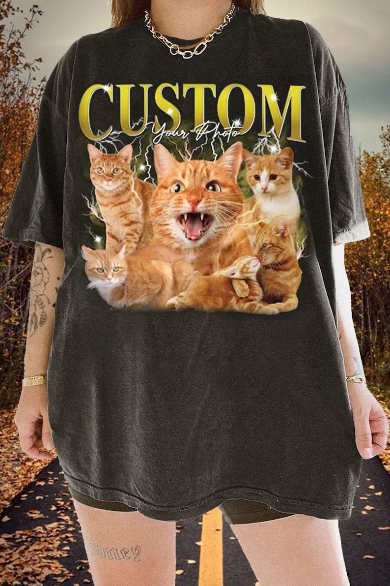 Custom Photo Cat Bootleg 90s Tee, Custom Bootleg Rap Tee Shirt