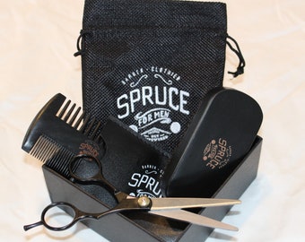 Men's High Grade Grooming Kit   Travel Size   Spruce logo   Brush, Comb and Scissors(Travel Bag)