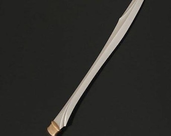 May include: A silver sword with a black handle and gold accents. The blade is curved and has a sharp point.