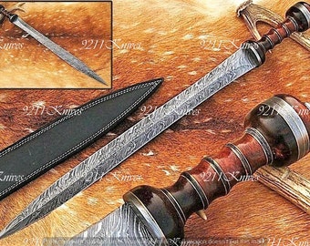 Handmade Damascus Steel Viking Sword | Rosewood Handle | Leather Sheath | Medieval Collector Sword, Gift For Him