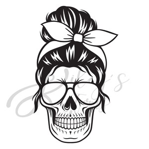May include: Black and white illustration of a skull wearing sunglasses and a hair bun with a white bow.