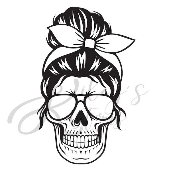 Messy Bun Skull Girl, SVG and PNG Files, Instant Digital Download