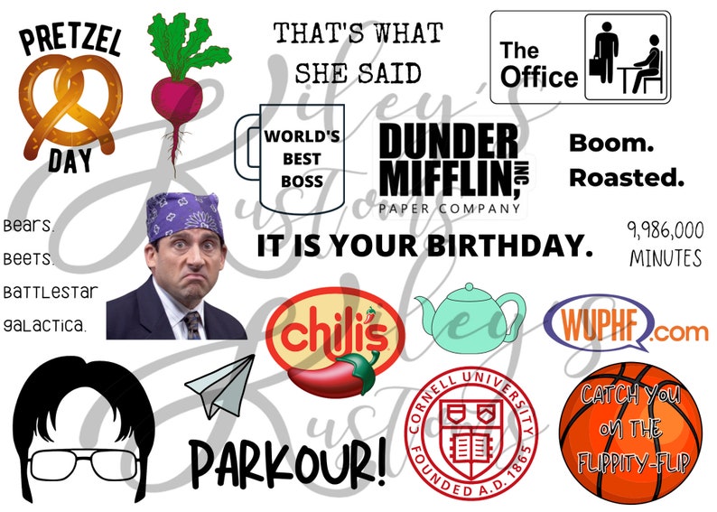 May include: A digital collage of images and text related to the popular television show "The Office". The collage includes images of a pretzel, a beet, a mug with the text "World's Best Boss", a paper company logo, a red chili pepper, a teapot, a basketball, and a paper airplane. The text in the collage includes phrases like "That's What She Said", "Dunder Mifflin", "Boom. Roasted", "It Is Your Birthday", and "Parkour!"