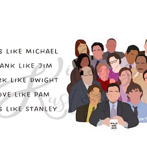 以下が含まれることがあります： 「ザ・オフィス」のテレビ番組のキャラクターを描いたカラフルなイラストで、「ボスはマイケルみたい、いたずら好きはジムみたい、仕事はドワイトみたい、愛はパムみたい、生意気はスタンリーみたい」というテキストが書かれています。イラストには、「世界最高のボス」というテキストが書かれたマグカップが含まれています。