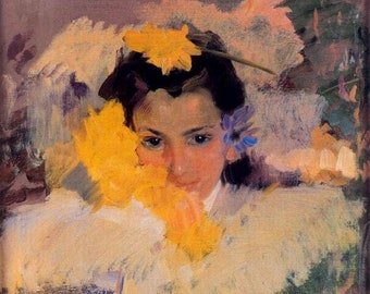 Girl with Flowers" by Joaquan Sorolla ca. 1919, Beautiful Woman, Female Portrait, Impressionism, Square, Wall Art, Fine Art Giclee Print