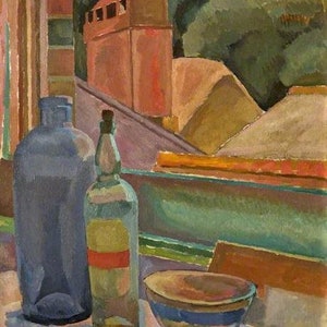 Vanessa Bell Window Still-Life ca 1915, Still Life Painting, Table and Wine Bottle, Wall Art, Window View Art Print, Fine Art Giclee Print image 1