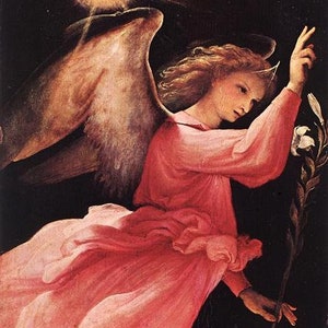 The Angel of the Annunciation&quot; Lorenzo Lotto ca 1527, Angel, Heavenly, Angelic, Wall Art, Religious Art, Pink, Faith, Fine Art Giclee Print