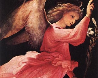 The Angel of the Annunciation" Lorenzo Lotto ca 1527, Angel, Heavenly, Angelic, Wall Art, Religious Art, Pink, Faith, Fine Art Giclee Print