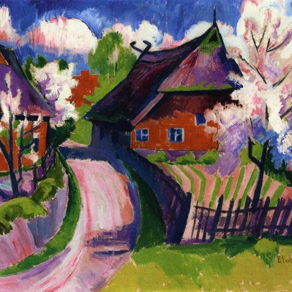 Springtime" by Max Pechstein ca. 1919, Expressionism, Landscapes, Childlike Painting, Red House, Pink Road, Square, Fine Art Giclee Print