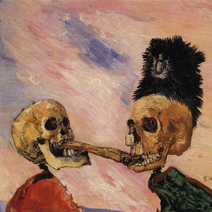 May include: Two skeletons with painted faces, one wearing a black hat, are depicted against a pink and blue cloudy sky. The skeletons are holding a long, thin bone between their mouths.