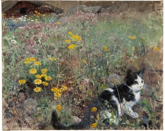 Cat in the Flowerbed&quot; by Bruno Liljefors, Tuxedo Cat, Wall Art, Animal Art Print, Nature, Cats, Flowerbed, Yellow, Fine Art Giclee Print
