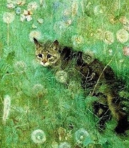 Cat in the Summer Meadow by Bruno Liljefors, Green Fields, Dandelions, Wall Art, Animal Art
