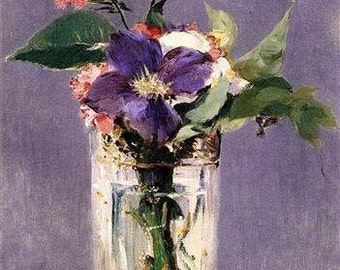 Edouard Manet "Pink and Clematis in a Crystal Vase" ca 1882, Impressionism, Wall Art, Bouquets, Flowers, Manet, Gifts, Fine Art Giclee Print