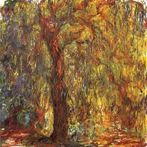 Puede incluir: Una pintura de un gran árbol con un tronco grueso y ramas, pintada en un estilo que recuerda al impresionismo. El árbol se representa en un entorno paisajístico, con las hojas pintadas en tonos de amarillo, verde y naranja. La pintura tiene una pincelada suave y texturizada.
