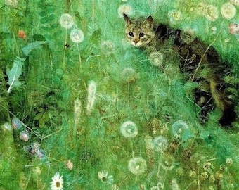 Cat in the Summer Meadow&quot; by Bruno Liljefors, Green Fields, Dandelions, Wall Art, Animal Art Print, Nature, Fine Art Giclee Print