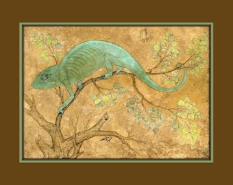Vintage Chameleon Art Print by Ustad Mansur ca 1612, Reptiles, Animal Decor, Lizards, Green, Wall Art, Animal Prints, Fine Art Giclee Print