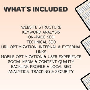 Op de afbeelding: Een lijst met diensten die zijn inbegrepen in een Etsy SEO-pakket. De diensten omvatten website-structuur, trefwoordenanalyse, on-page SEO, technische SEO, URL-optimalisatie, interne en externe links, mobiele optimalisatie, gebruikerservaring, sociale media en contentkwaliteit, backlinkprofiel en lokale SEO, analyses, tracking en beveiliging.