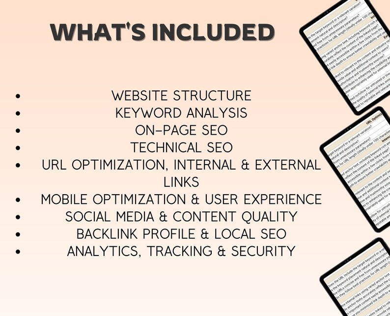 Op de afbeelding: Een lijst met diensten die zijn inbegrepen in een Etsy SEO-pakket. De diensten omvatten website-structuur, trefwoordenanalyse, on-page SEO, technische SEO, URL-optimalisatie, interne en externe links, mobiele optimalisatie, gebruikerservaring, sociale media en contentkwaliteit, backlinkprofiel en lokale SEO, analyses, tracking en beveiliging.