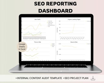 Op de afbeelding: Een laptopscherm dat een dashboard weergeeft met vier grafieken die websiteverkeergegevens tonen. De grafieken zijn getiteld "Site Traffic", "Time on Site", "Organic Landing Pages" en "Bounce Rate". Het dashboard is gelabeld "SEO Reporting Dashboard".