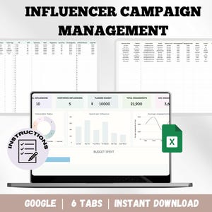 Puede incluir: Un portátil que muestra un panel de control de gestión de campañas de influencers. La pantalla muestra gráficos y tablas de datos. El texto "INFLUENCER CAMPAIGN MANAGEMENT" está en la parte superior. El portátil tiene el texto "GOOGLE | 6 TABS | INSTANT DOWNLOAD" en la parte inferior.