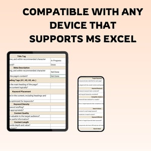 Op de afbeelding: Een screenshot van een spreadsheet op een tablet. De spreadsheet heeft de titel "Keywordonderzoek" en bevat kolommen voor "Titeltag", "Meta-omschrijving", "Kopteksttags", "Keywordplaatsing", "Keyworddichtheid", "Kwaliteit van de inhoud" en "Lengte van de inhoud".