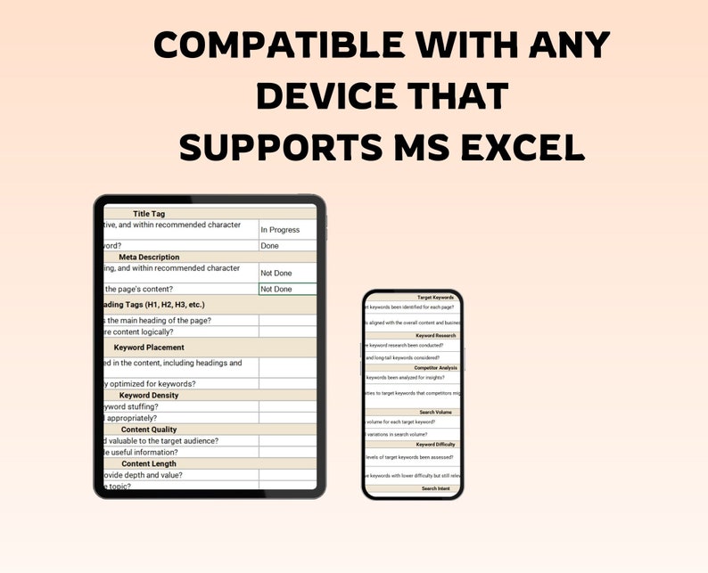 Op de afbeelding: Een screenshot van een spreadsheet op een tablet. De spreadsheet heeft de titel "Keywordonderzoek" en bevat kolommen voor "Titeltag", "Meta-omschrijving", "Kopteksttags", "Keywordplaatsing", "Keyworddichtheid", "Kwaliteit van de inhoud" en "Lengte van de inhoud".
