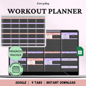 以下が含まれることがあります： ラップトップとタブレットに表示されたデジタルワークアウトプランナー。ピンクと紫のセクションがあるカレンダーレイアウトが特徴です。画像には「WORKOUT PLANNER」、「PROGRESS TRACKER」、および「AUTOMATED CALENDAR」というテキストが含まれています。
